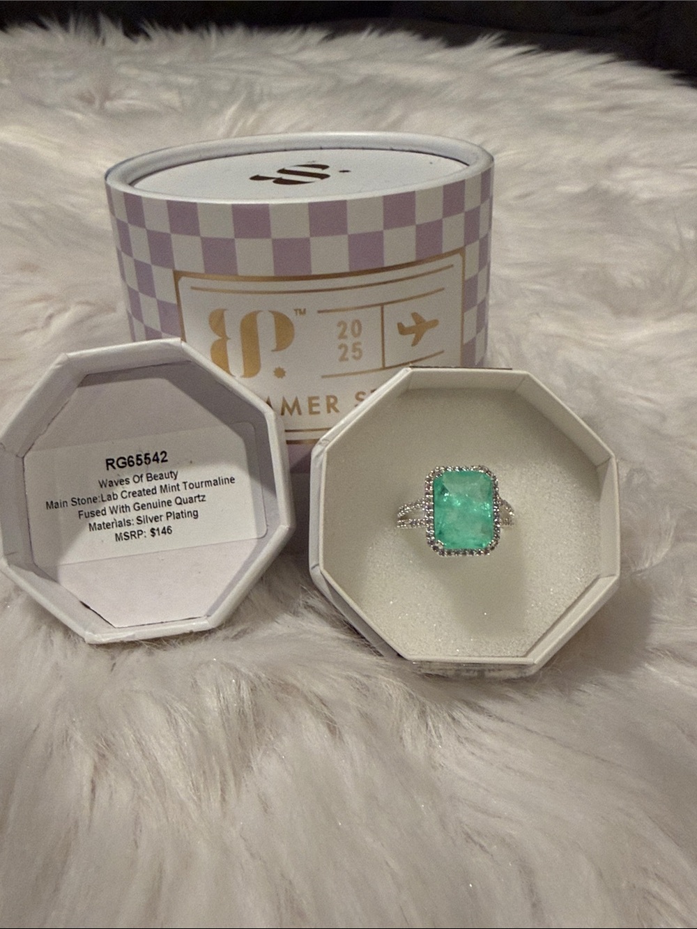 BOMB PARTY Waves of Beauty Mint Tourmaline Halo Ring - Silver Plating